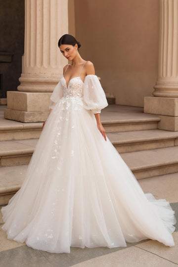 A-Line Ivory Appliqued Wedding Dress With Puff Sleeves